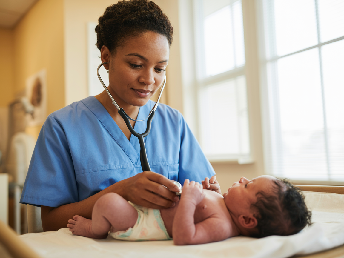 Caring midwife examining a newborn baby at Ikhaya Le Mbeleko clinic